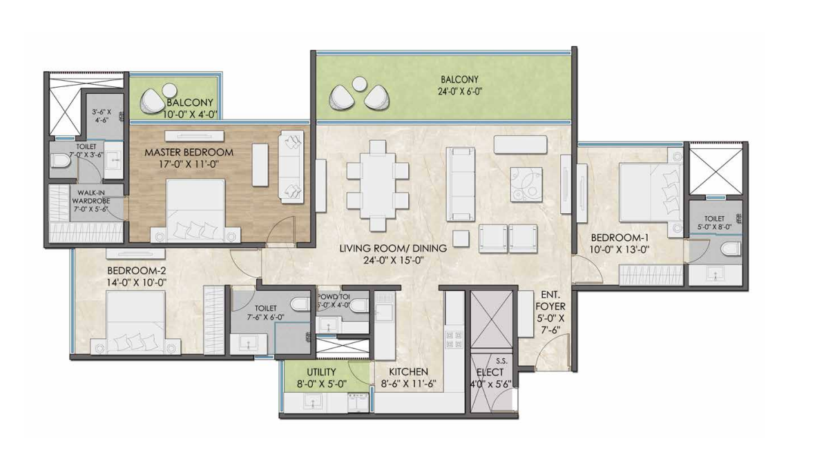 3 BHK floor plan